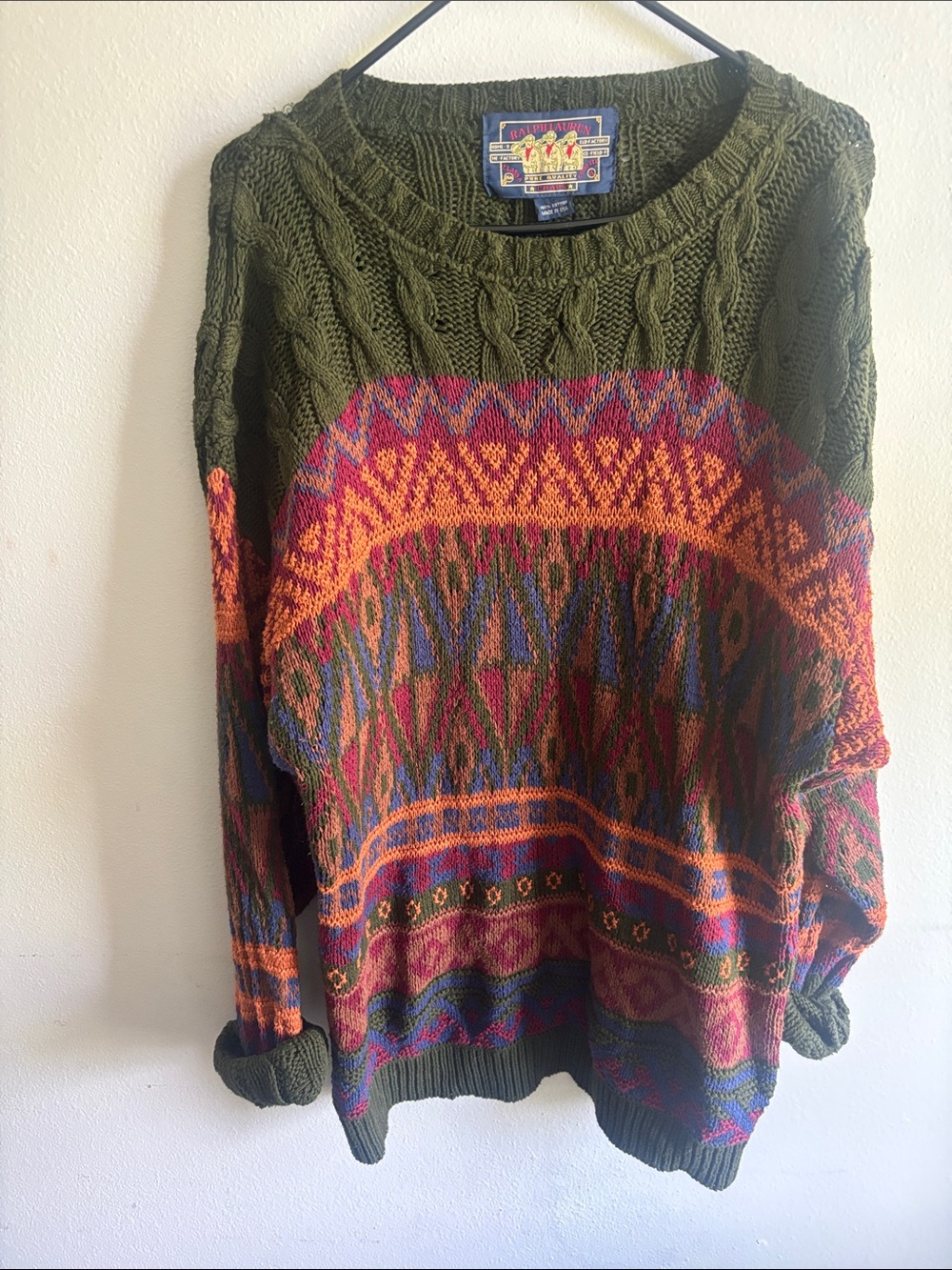 Vintage-Inspired Ralph Lauren Olive Cable Knit Multicolor Pattern Sweater